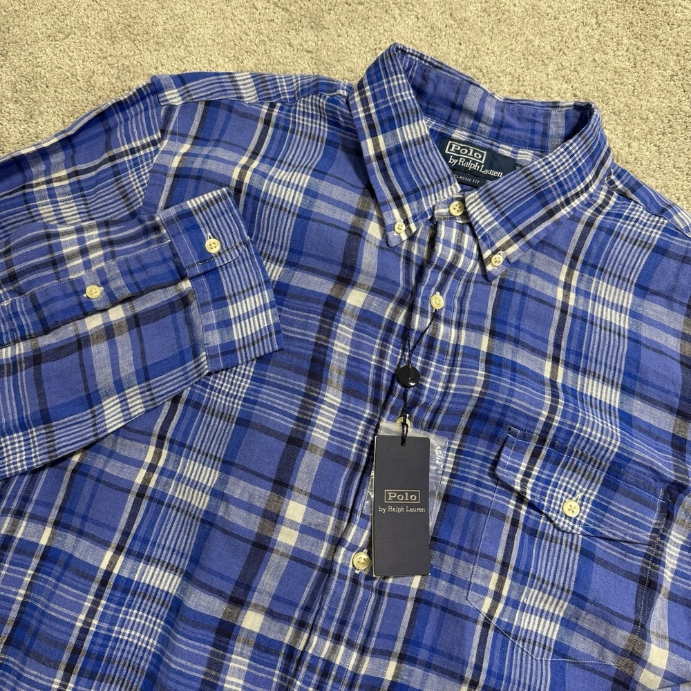 Polo Ralph Lauren Shirt Mens XXL Blue Plaid 100% Linen‎ Button Down Long Sleeve